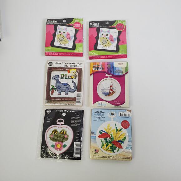 Lot of 6 Small Beginner Cross Stitch Kits Owl Dinosaur Flowers - Picture 1 of 5